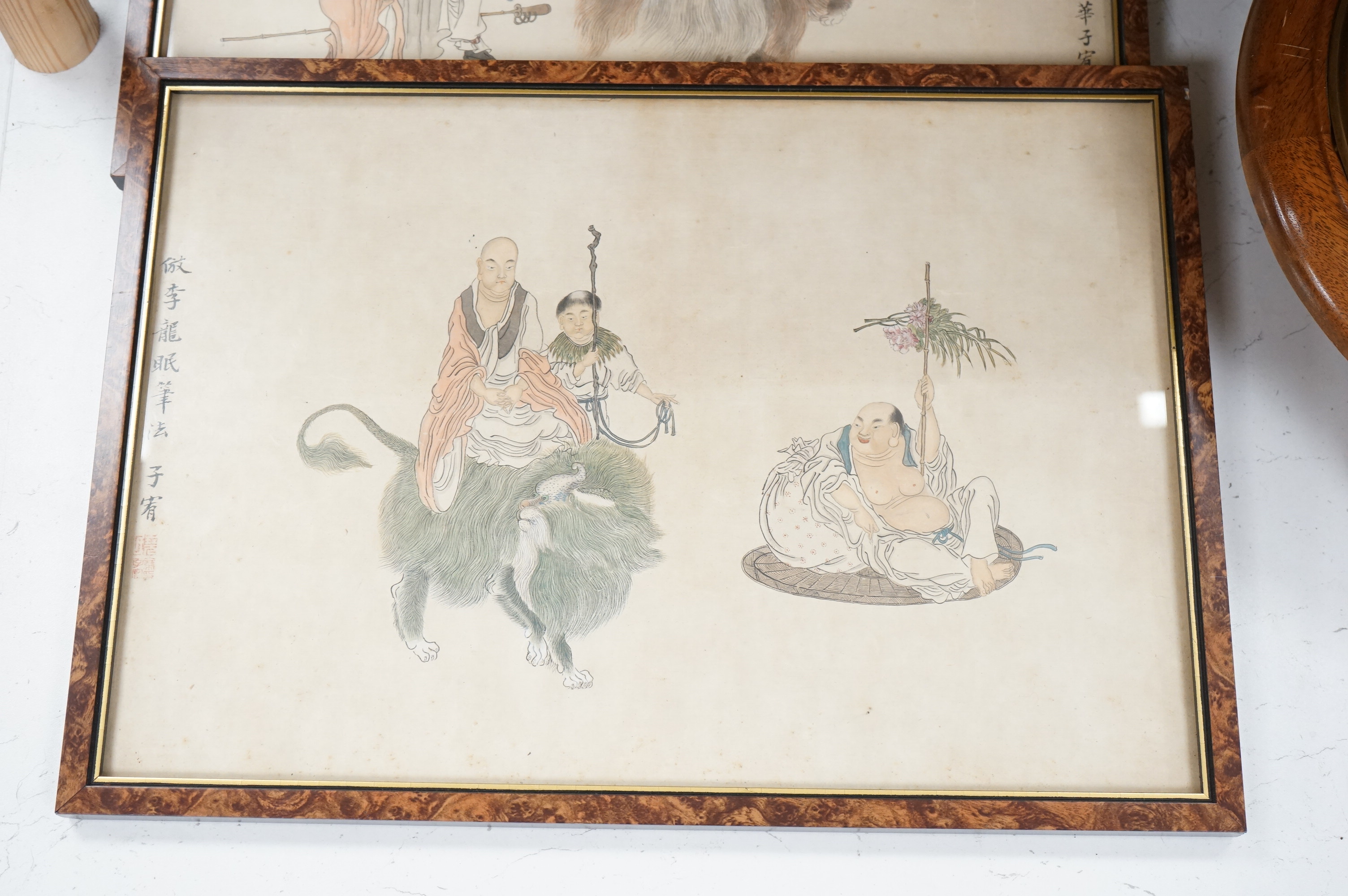 19th century, Chinese School, Figural and animal studies, three watercolours on printed bases, with character marks, 29 x 42cm